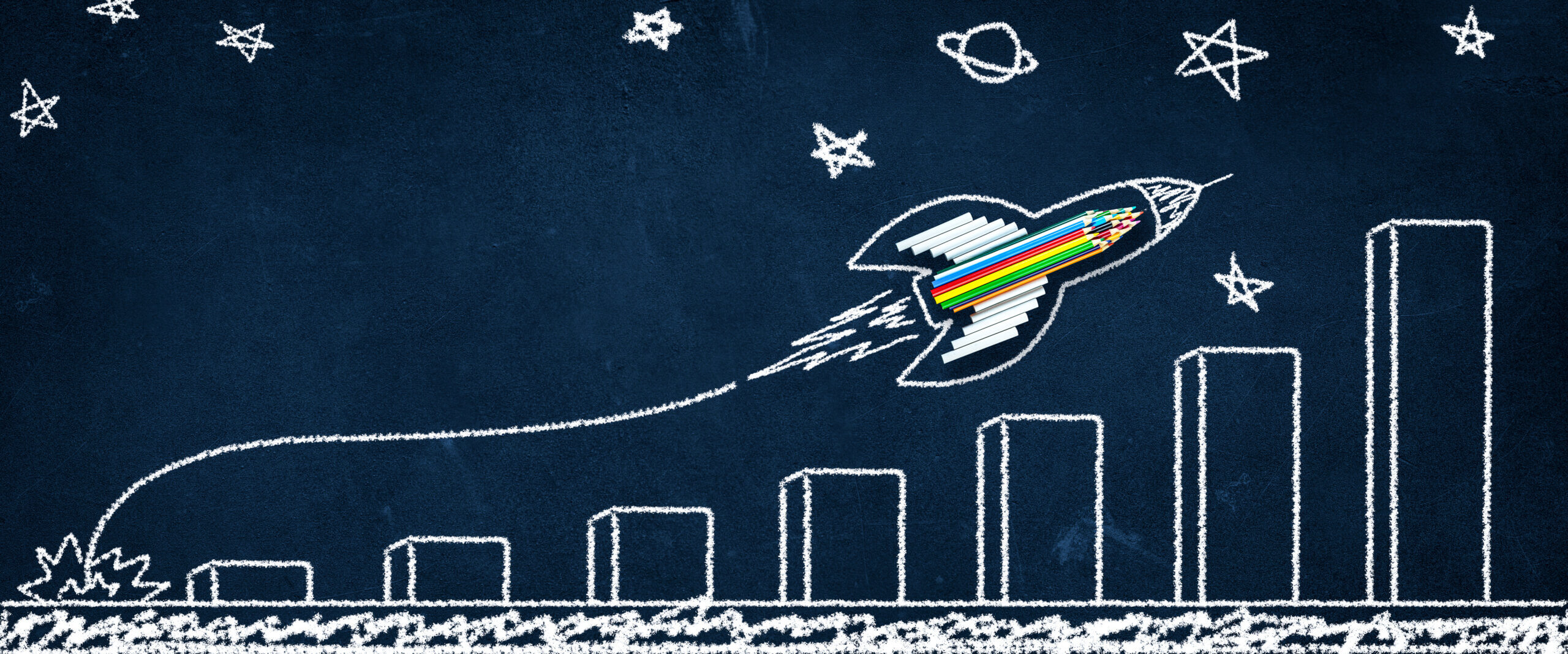 Rocket flying over graph bars